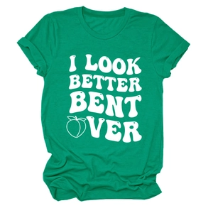 Detail of green cotton T-shirt featuring bold white text and a peach icon print