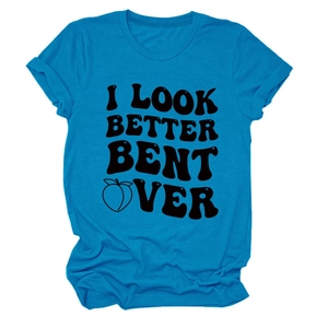 Detail view of bright blue t-shirt with black letter print and cuffed sleeve design