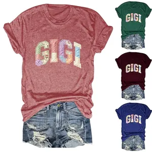 Women T-Shirt Casual Round Neck Short Sleeve Cotton Blend Patchwork GIGI Letter Applique Fashion Summer Tops