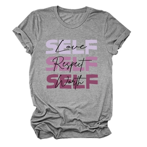 Détail du t-shirt gris à manches courtes avec impression motivante Self Love en coton doux