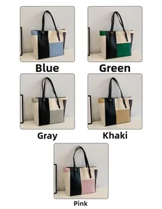 Detailed grid view showcasing five contrast color tote bags in blue green grey khaki and pink