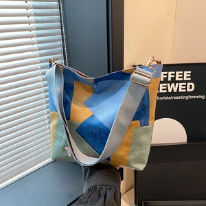 Women Geometric Patchwork PU Leather Shoulder Bag Large Capacity Vintage Commute Tote With Adjustable Wide Strap