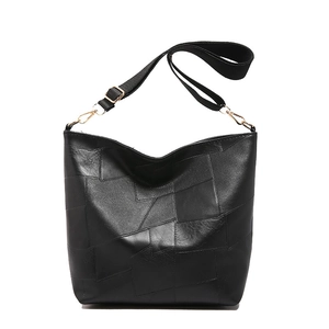 Retro black patchwork bucket bag with adjustable wide strap and gold hardware