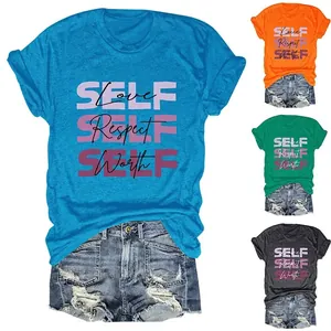 T-Shirt Femme Imprimé Slogan Self Love Respect Worth Mélange Coton Décontracté Ample Col Rond Haut Manches Courtes
