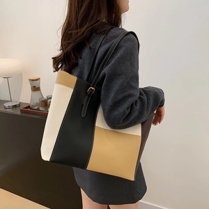 Three-color patchwork leather tote bag with adjustable straps for women office commuting