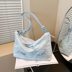 Women Casual Canvas Shoulder Bag Stylish Embossed Wave Embroidery Bowknot Hobo Underarm Bag Trendy Sweet Niche Design Handbag