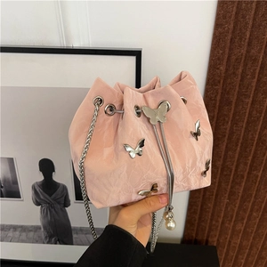 Women Fashion Butterfly Pleated Drawstring Bucket Bag With Silver Chain Strap Faux Artificial Pearl Detail Crossbody Shoulder Bag
