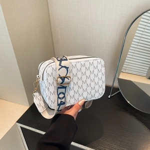 Women's PU Leather M Monogram Camera Bag With Wide Jacquard Letter Strap Double Zipper Fashion Small Crossbody Shoulder Bag