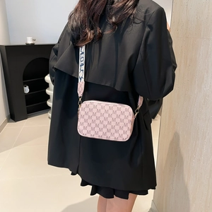 Pink PU leather crossbody bag with M-letter pattern and wide detachable strap