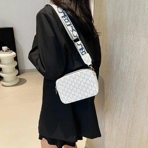 French style crossbody square bag with M-letter print and wide branded fabric shoulder strap