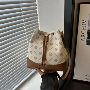 Women Retro Monogram Bucket Bag Fashion Drawstring Shoulder Crossbody Bag Large Capacity PU Leather Contrast Color Handbag