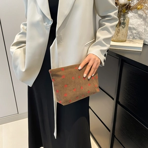 Brown corduroy clutch bag with red strawberry embroidery and top metal zipper