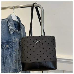 Women Preppy Canvas PU Leather Tote Bag Heart Bow Embroidery Large Capacity Single Shoulder Bag For Daily School Casual Style
