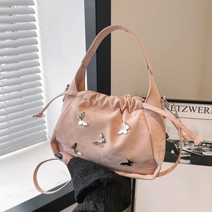 Women Pleated PU Leather Bucket Bag With Metal Butterfly Decor Drawstring Shoulder Crossbody Fashion Handbag For Daily Casual