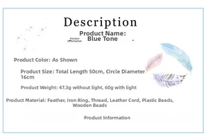 Spécifications de taille pour l'attrape-rêves plumes bleues, diamètre du cercle 16cm