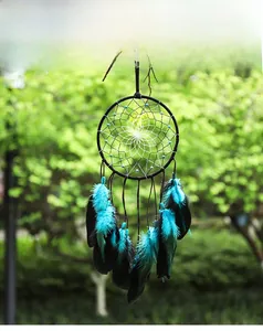 Vue détaillée des plumes bleues et du filet perlé de l'attrape-rêves sur un arbre