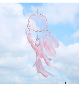 Nahaufnahme eines rosa Traumfängers mit Federn und Perlen vor blauem Himmelhintergrund