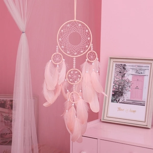 Rosa Handgemachter Traumfänger Mit Federn Und LED Licht Romantische Wanddeko Traumfänger Für Schlafzimmer Mädchen Geschenk