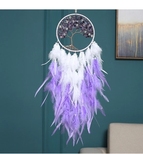 Détails d'un attrape-rêves Arbre de Vie avec cristaux violets et plumes en dégradé