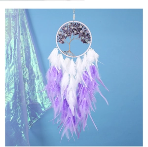 Détail d'un attrape-rêves arbre de vie en améthyste avec plumes violettes et blanches