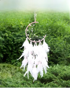 Detail of pink moon dreamcatcher with white feathers hanging against a green bush