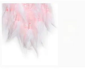 Detailed close-up of soft pink and white feathers with delicate beads on a dream catcher