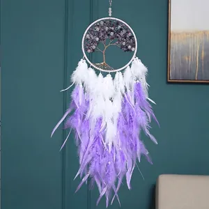 Capteur De Rêves Arbre De Vie Avec Gravier Violet Cristal Fait À La Main Plume Décoration Murale Bohème Maison Chambre Ornement Cadeau