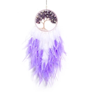Capteur de rêves arbre de vie fait main avec pierres violettes et plumes blanches