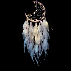 Pink moon dream catcher with LED lights and white feathers for wall hanging decor