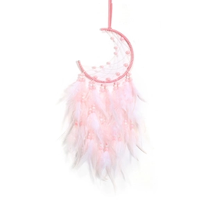 Pink crescent moon dreamcatcher with soft feathers and beads for home and car wall decor