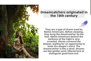 Detail of dreamcatcher featuring ethnic feathers and woven mesh with cultural text