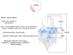 Detail of dream catcher dimensions and materials with blue white feather hanging ornaments