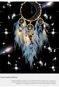 Detail of moon-shaped dreamcatcher with warm LED lights and blue white feathers