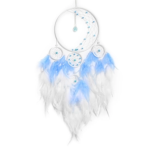 Handmade dream catcher with white and sky blue feathers and crescent moon weaving