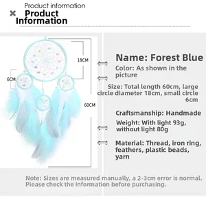 Detailed size specifications of blue feather dreamcatcher with dimensions and materials