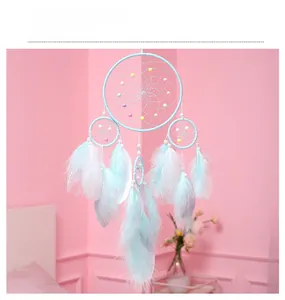 Detailed view of light blue dream catcher with vibrant feathers and multicolored beads