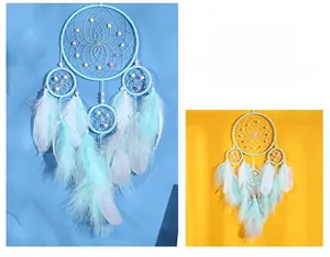 Detail of mint green dream catcher with blue and white feathers and colorful beads
