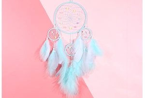 Detailed view of light blue and white feathers with beaded charms on a dreamcatcher