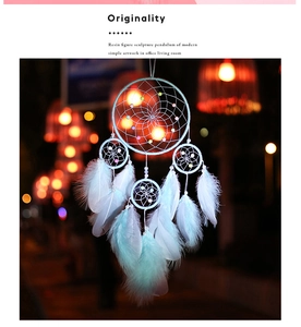 Detail of blue and white feathers with hand-woven web on a bohemian dreamcatcher