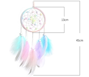 Detail showing macaron dreamcatcher dimensions with soft feathers and 45cm total length