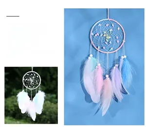 Detail of dreamcatcher featuring colorful feathers and delicate beads for home decor