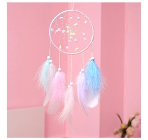 Detail of dream catcher with macaron gradient feathers and colorful small pom-poms