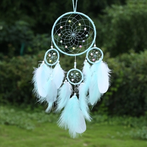 Handmade light blue dream catcher with multi-color beads and soft feathers for home decor