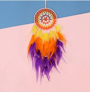 Detailed view of bohemian rainbow dream catcher with vibrant feathers and pearls