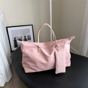 Large Capacity Nylon Tote Bag With Small Pouch PU Leather Trim Casual Travel Shoulder Handbag For Women Simple Chic