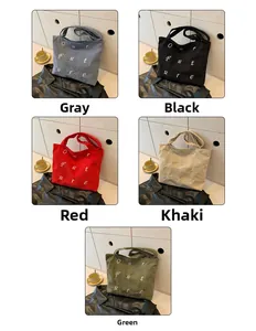 Corduroy tote bags collection in gray, black, red, khaki, and green with text detail