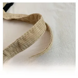Detail of light khaki corduroy tote strap showing fine ribbed texture and stitching