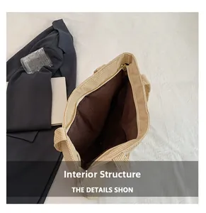 Internal view of beige corduroy tote bag showing large capacity and brown inner lining