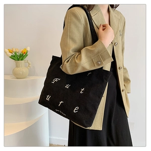 Minimalist black corduroy tote bag with white Future letter embroidery for women