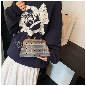 Close-up of retro lace shell bag with bamboo handle and gold chain strap detail